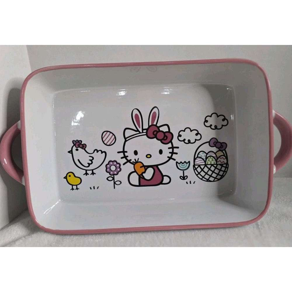 Hello Kitty Easter Ceramic Baking Dish Pink White Bunny Sanrio Casserole Pan